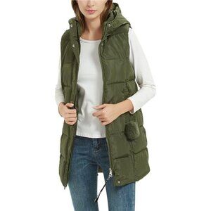 Women's Long Puffer Vest Winter Quilted Hooded Sleeveless Zip Up, Army Green